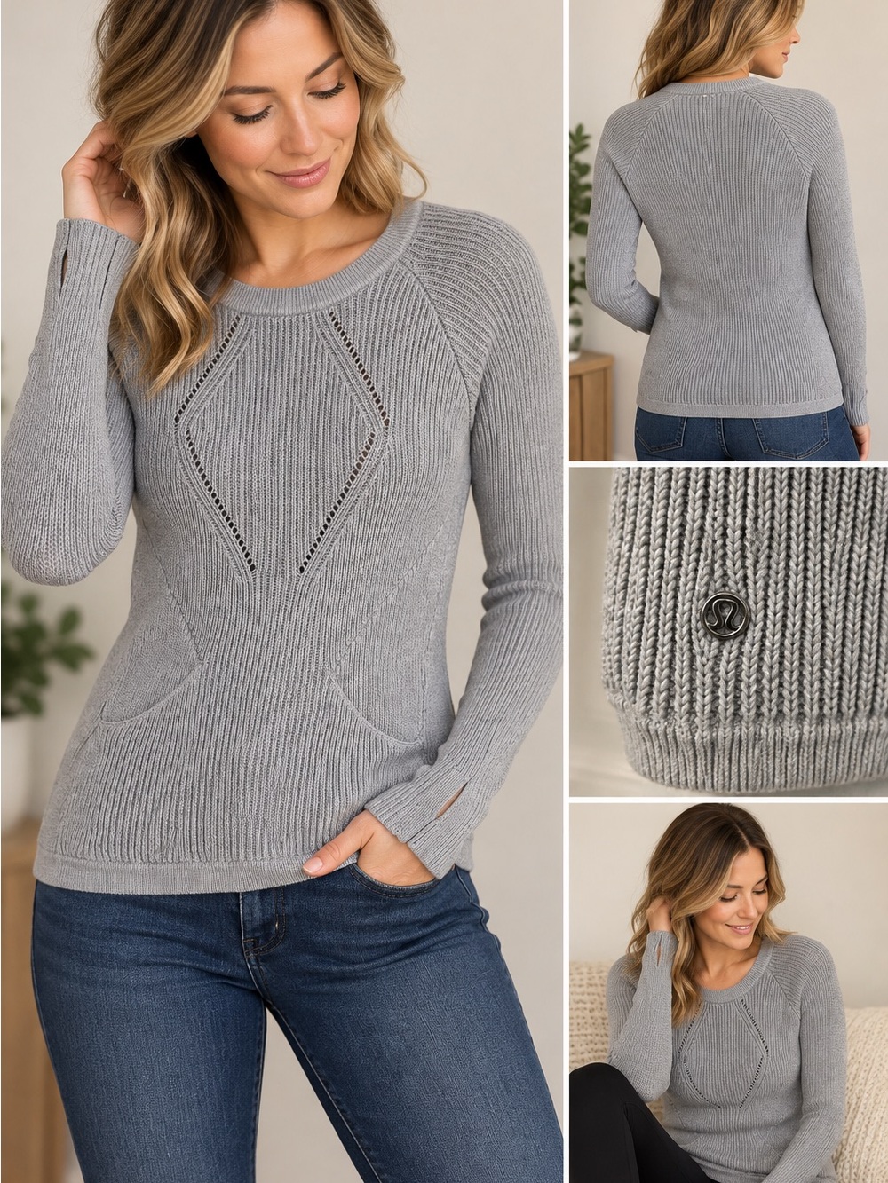 lululemon athletica Light Gray Pointelle Diamond Knit Crew Sweater